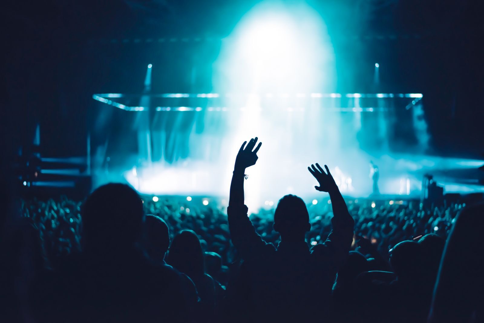 Le public en silhouette devant la scène éclairée, un soir de concert