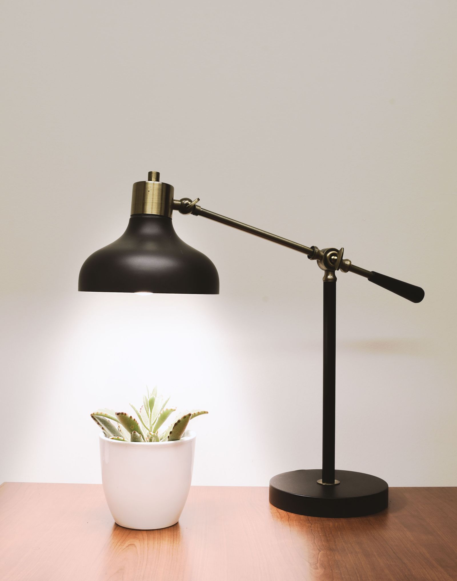 Lampe de bureau noire articulée près d'une plante
