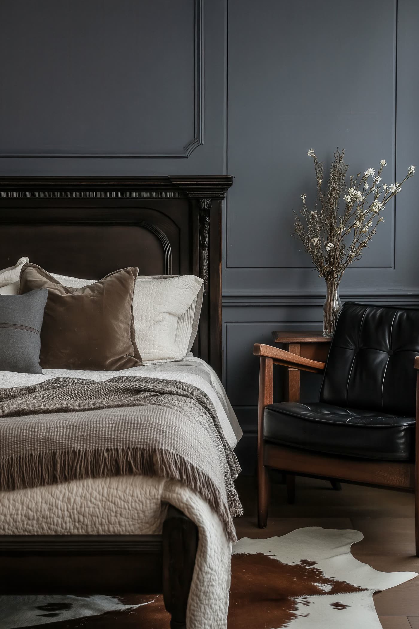 Chambre sombre, moulures et textiles